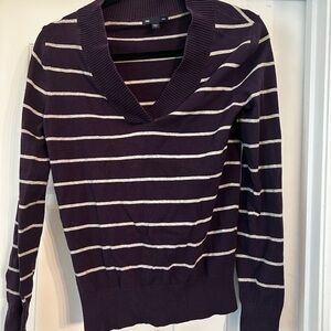 GAP V-Neck Sweater - Dark Purple and Light Gray Stripes